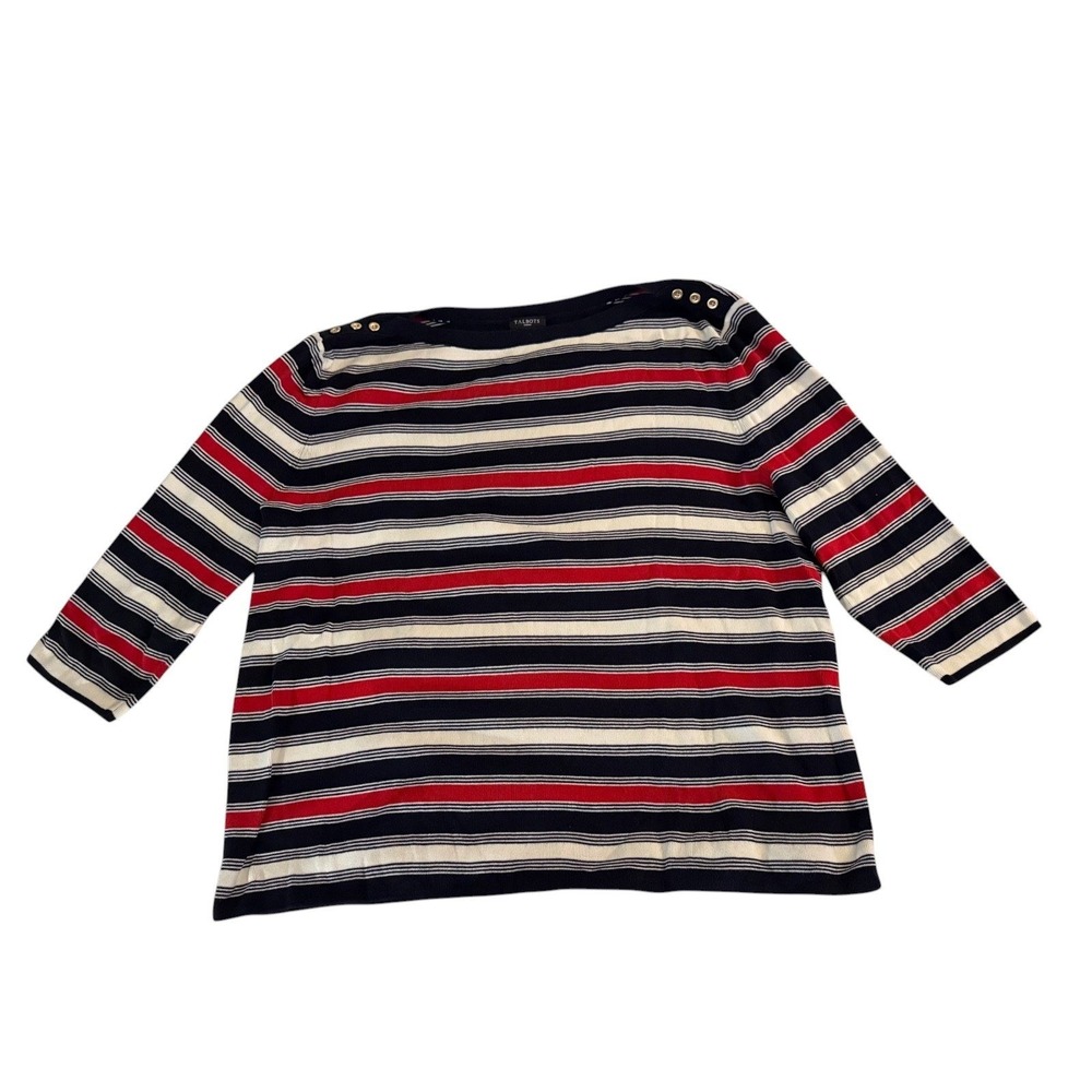 Talbots Womens 2X Nautical Striped Sweater Navy/Red/White Gold Buttons Preppy